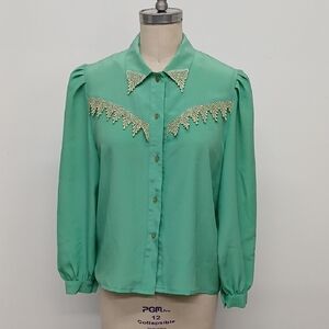 Cupcake Vintage Western Green Mint button Blouse with Crochet Details